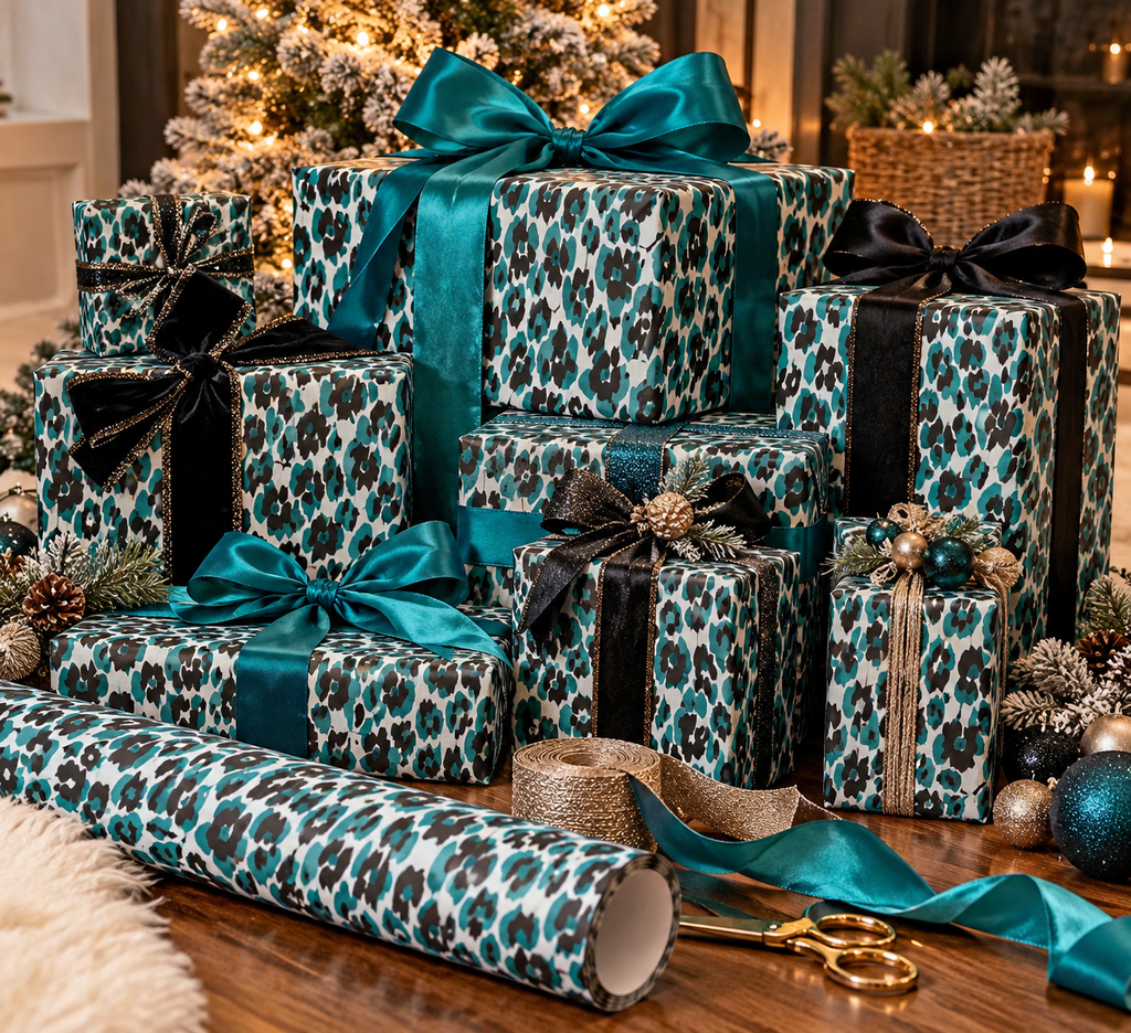 Teal Black Cheetah Print Wrapping Papers | Animal Print Gift Wrap Roll
