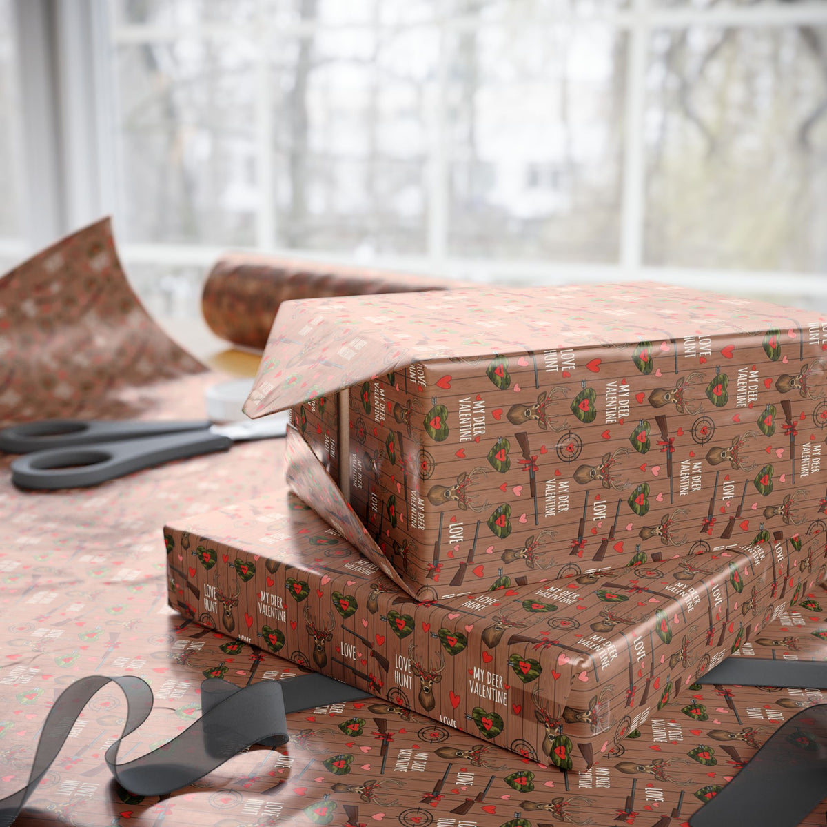 Cozy Deer Lover Valentines Wrapping Paper | Gift Wrap Roll, Brown Christmas Pattern