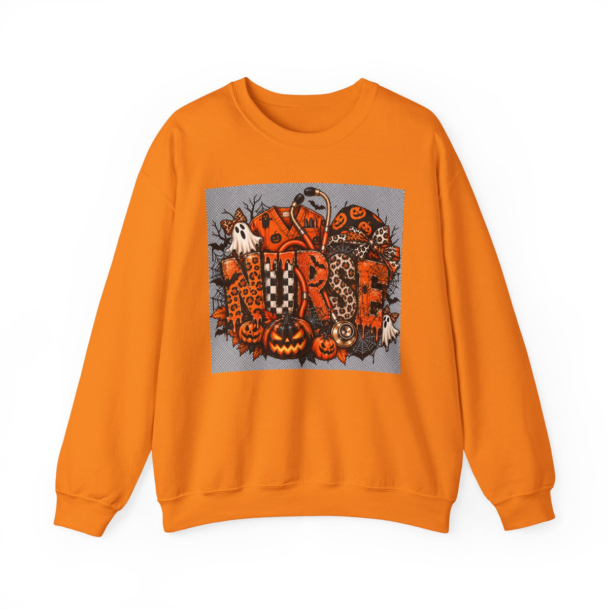 Halloween Patchwork Skull Crewneck Sweatshirt | Pumpkin Ghosts, Orange Black