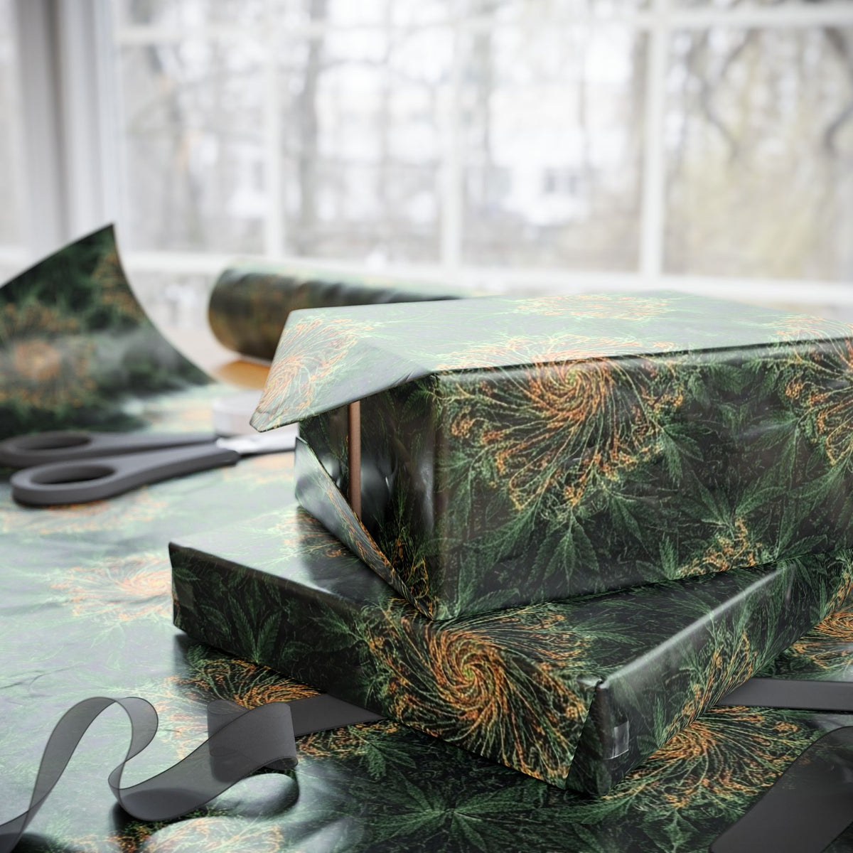 Green Marijuana Leaf Pattern Wrapping Papers | Forest Holiday Gift Wrap Roll