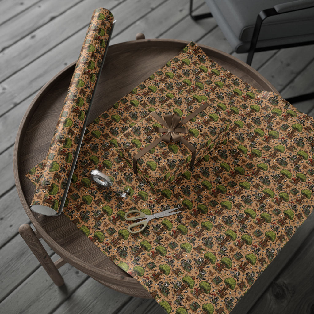 Camping Racoon Pattern Wrapping Paper | Outdoor Camper Tents Trees RVs