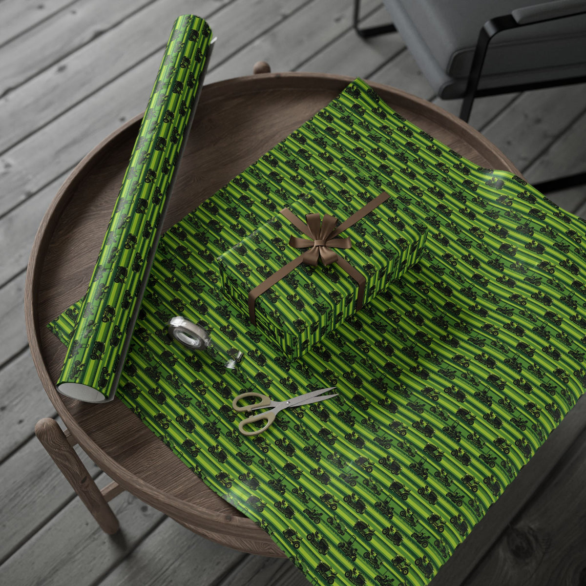 Green Lawn Mower Pattern Wrapping Paper | Farm Vehicle Gift Wrap