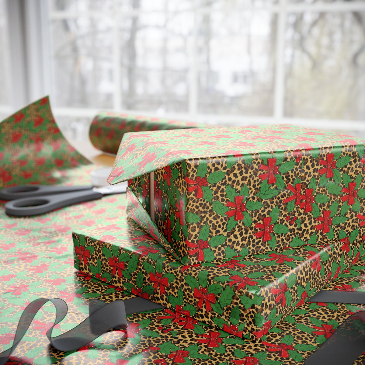 Poinsettia Leopard Print Wrapping Paper | Holiday Floral Animal Print Roll