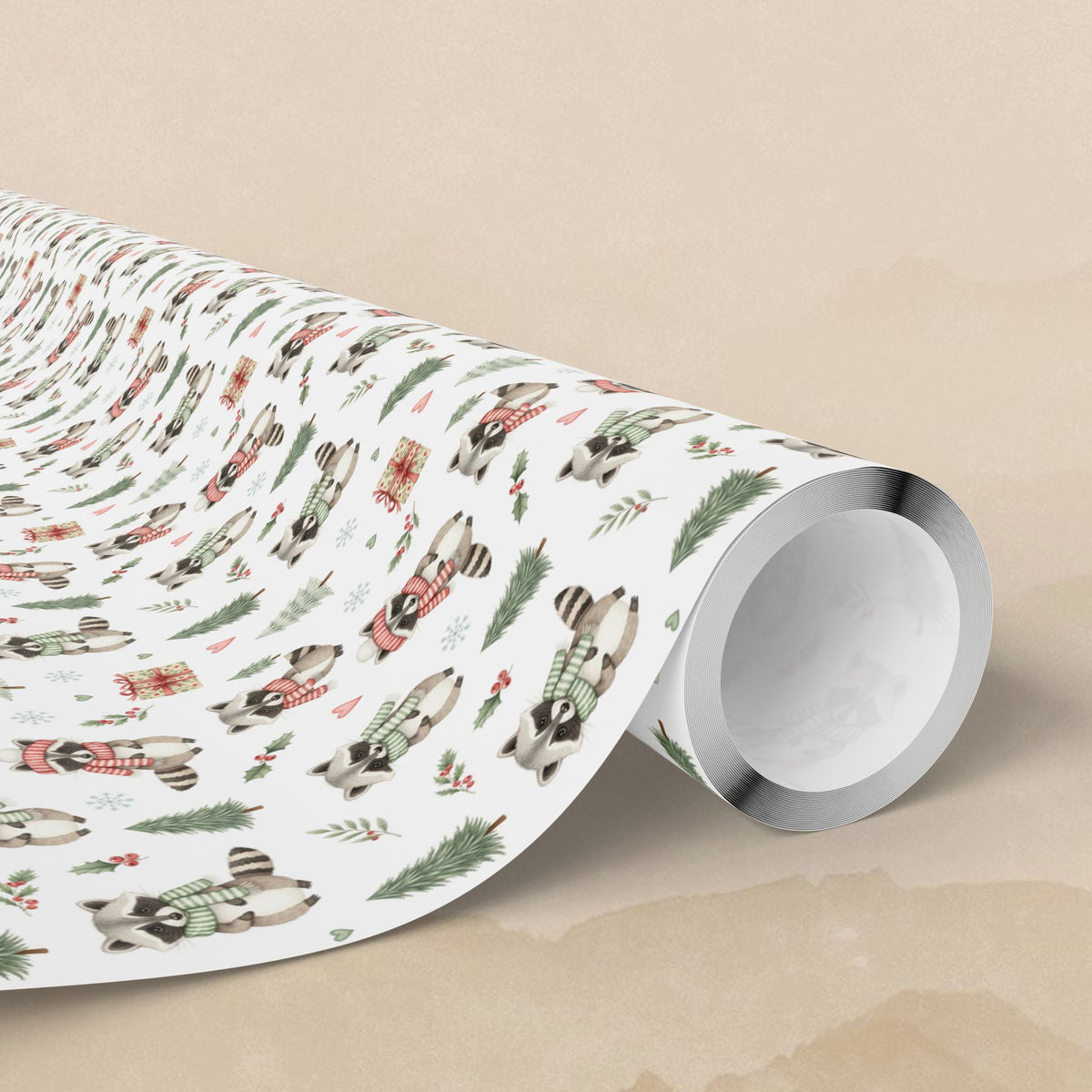 Vintage Christmas Woodland Racoon Pattern Wrapping Paper