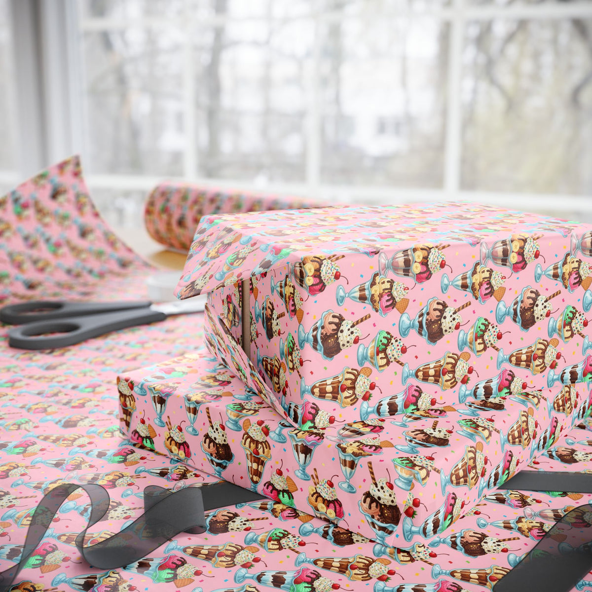 Ice Cream Cones Wrapping Paper | Dessert Pattern, Pink Ice Cream Print