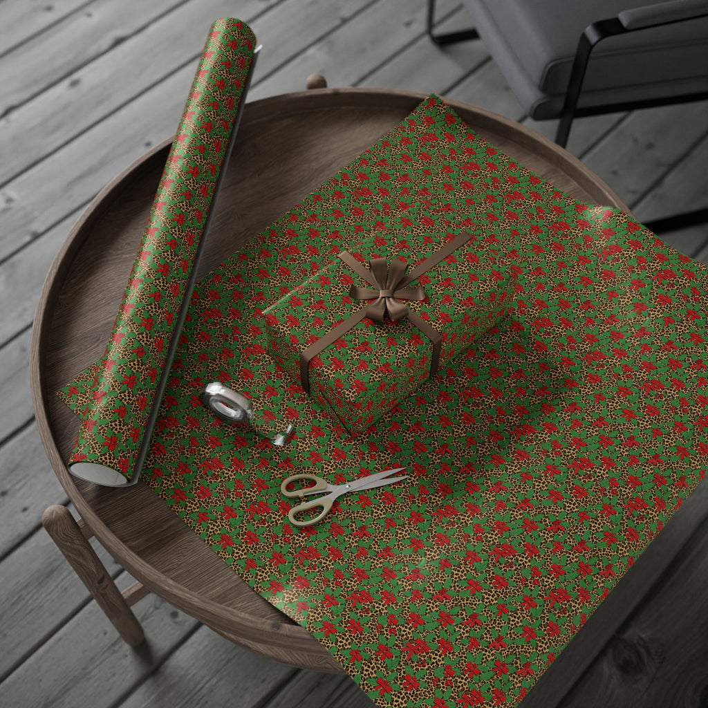 Poinsettia Leopard Print Wrapping Paper | Holiday Floral Animal Print Roll