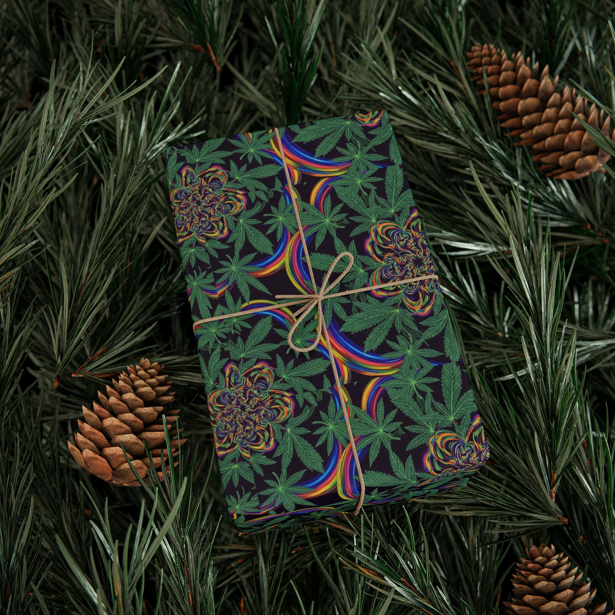 Psychedelic Cannabis Leaf Pattern Wrapping Paper | Trippy Green Floral Roll