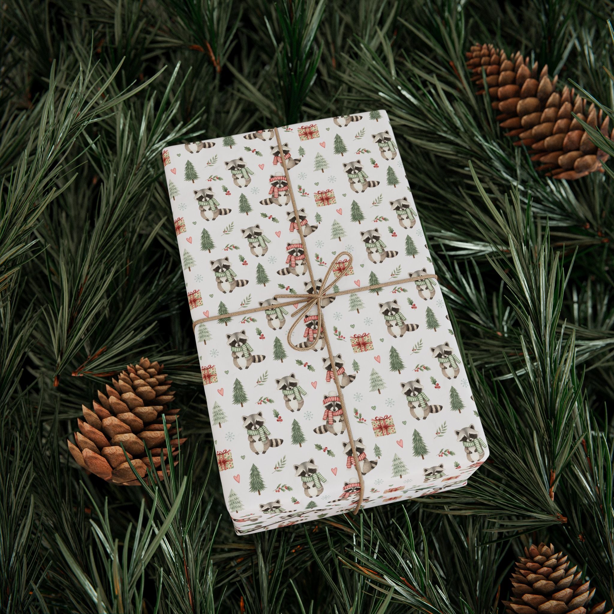 Vintage Christmas Woodland Racoon Pattern Wrapping Paper