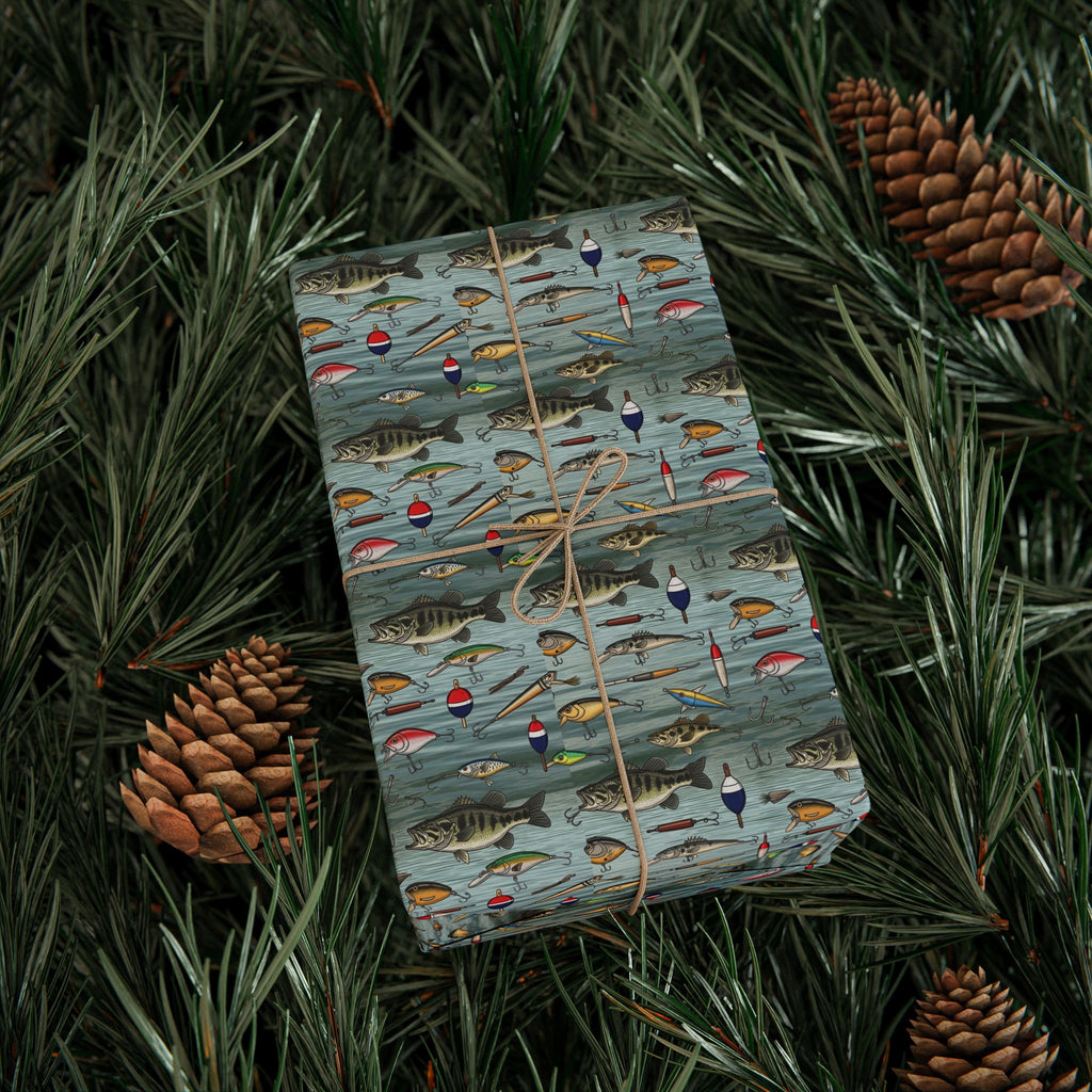 Fishing Lures Pattern Wrapping Paper | Nautical Fish Hooks, Buoys, Ocean Theme