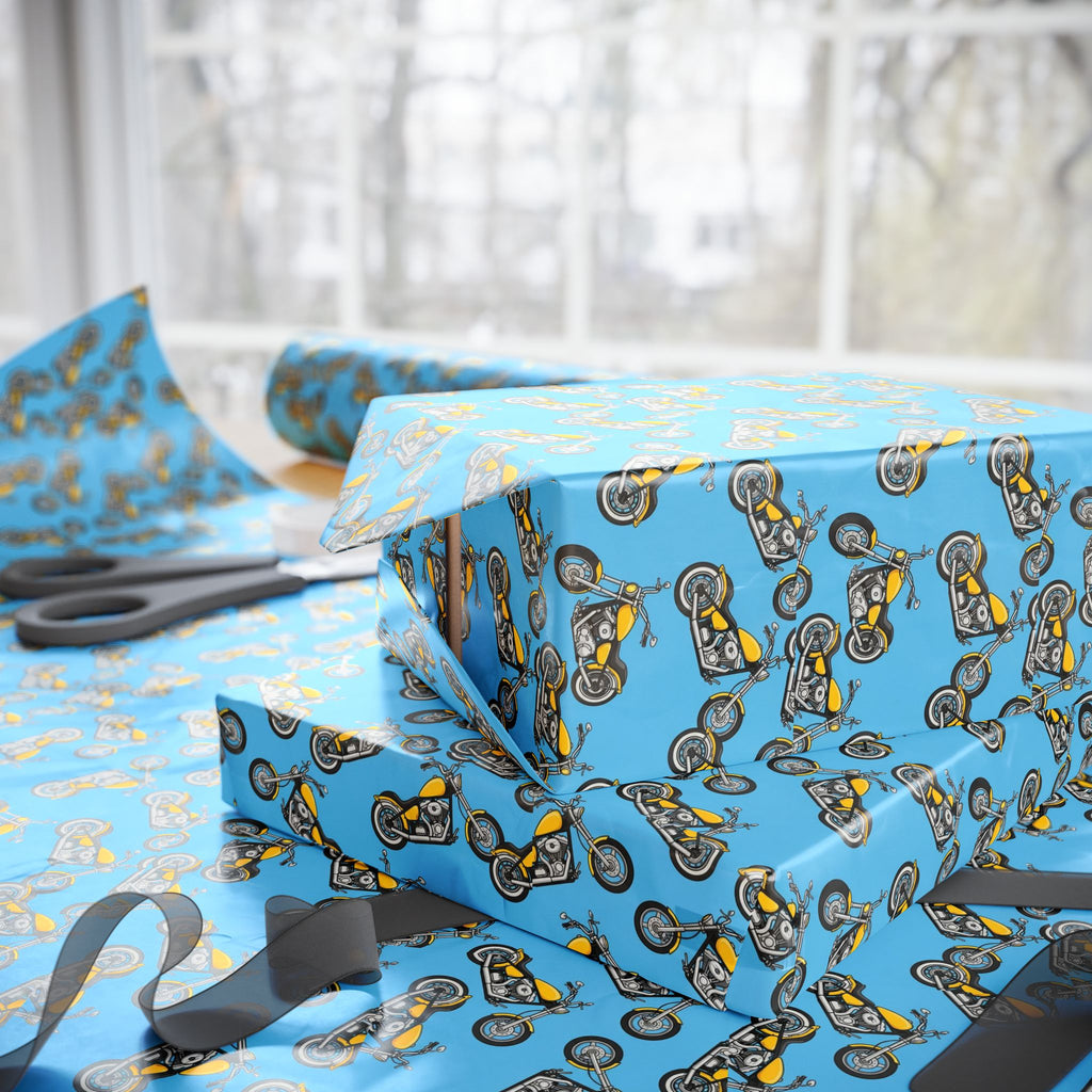 Retro Motorcycle Pattern Wrapping Paper | Blue Vintage Bikes Gift Wrap
