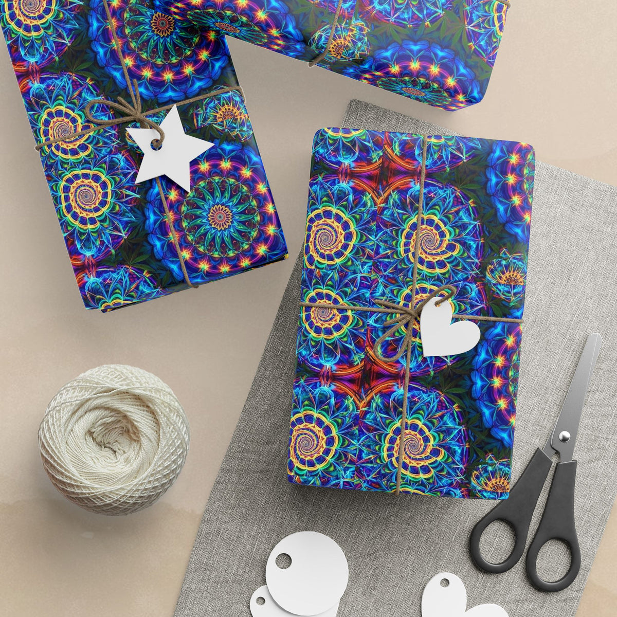 Psychedelic Kaleidoscope Cannabis Floral Wrapping Paper | Blue Mandala Pattern