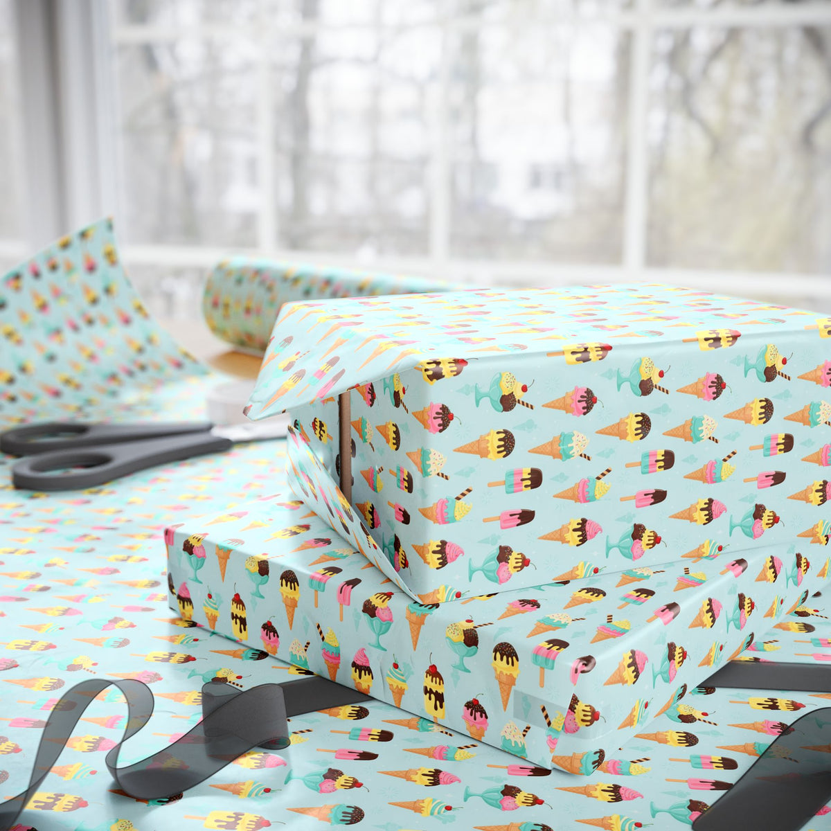 Ice cream Pattern Wrapping Papers | Turquoise Paint Strokes Gift Wrap