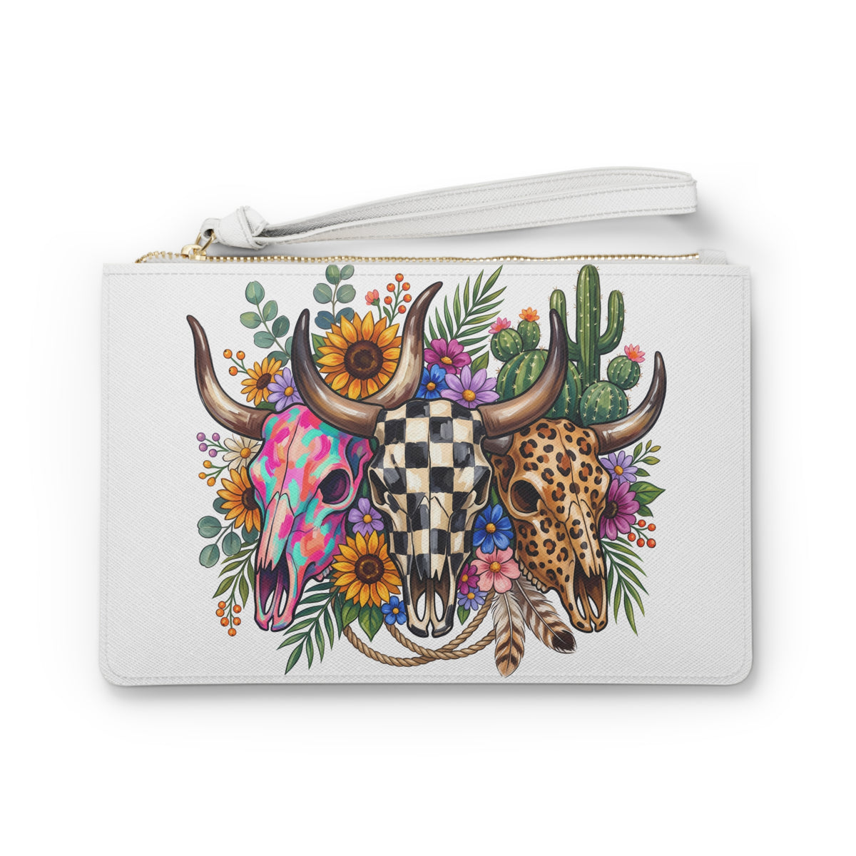 Western Cow Skull Floral Wristlet Clutch