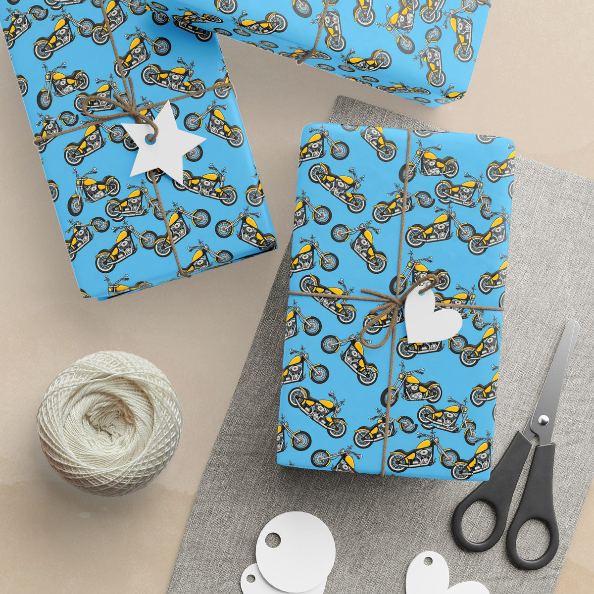 Retro Motorcycle Pattern Wrapping Paper | Blue Vintage Bikes Gift Wrap