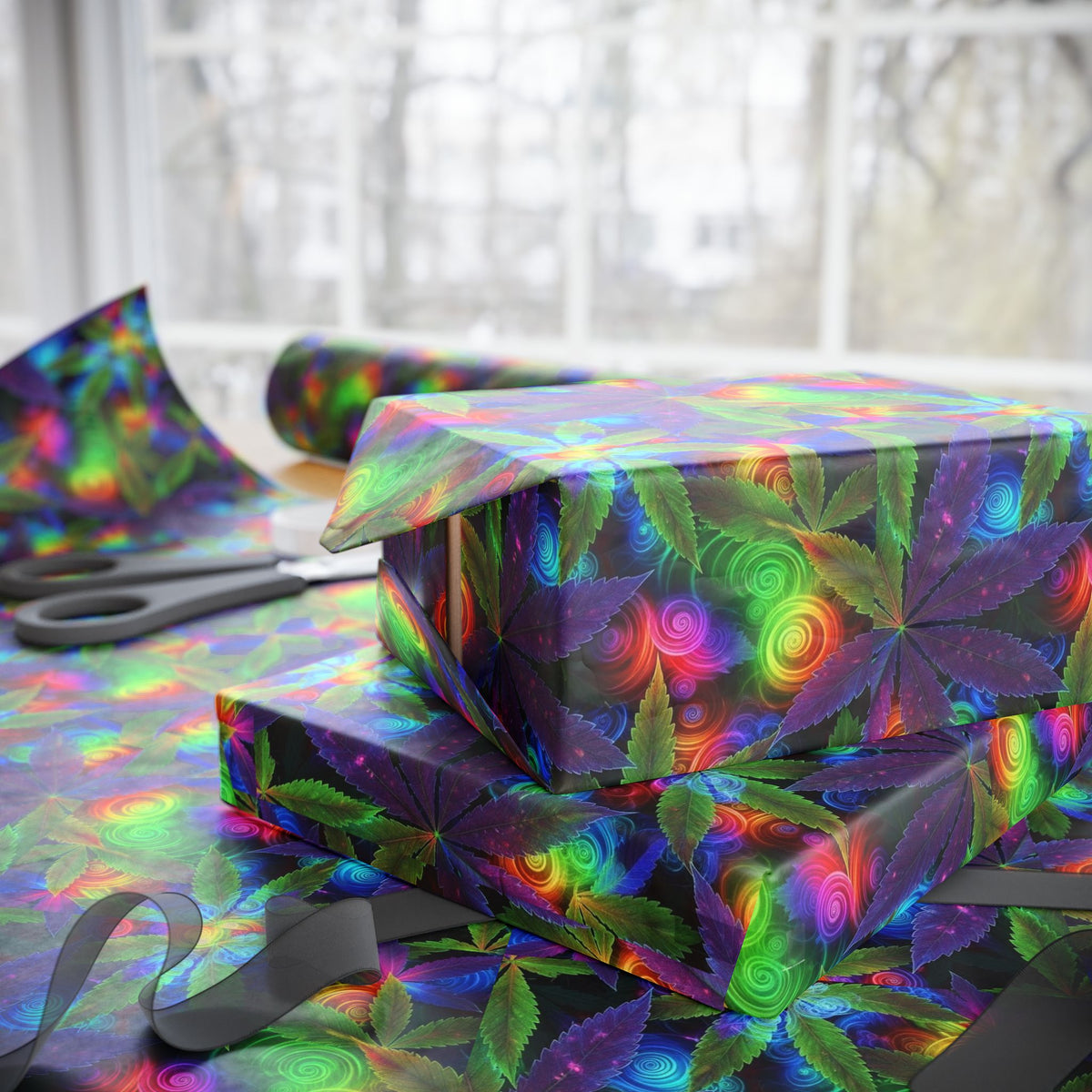 Psychedelic Rainbow Marijuana Leaf Wrapping Paper | Floral Abstract Gift Wrap