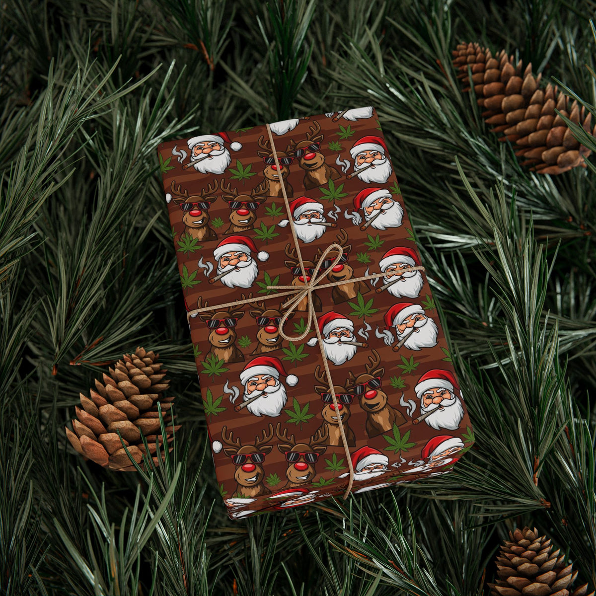 Stoner Reindeer and Santa Smoking Pattern Wrapping Paper | Christmas Holiday Gift Wrap