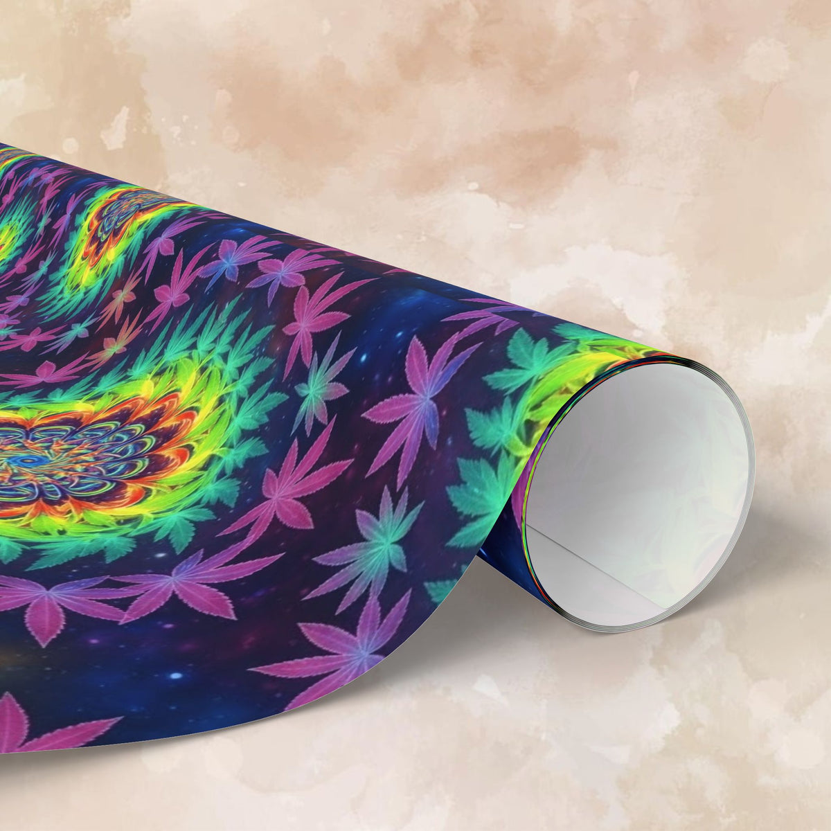 Psychedelic Mandala Marijuana Leaf Pattern Wrapping Paper | Rainbow Tie Dye Circles