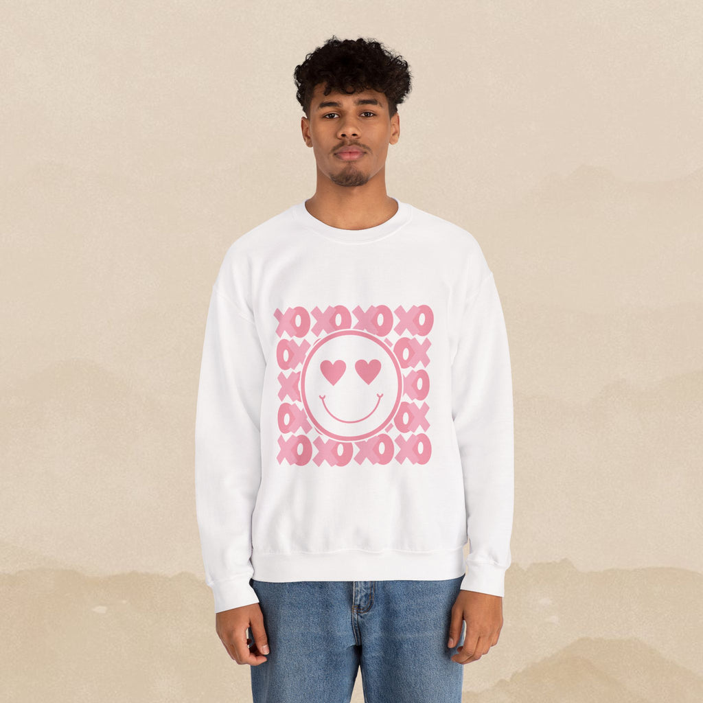 Heart Eyes Smiley Sweatshirt | Pink XO Pattern Crewneck