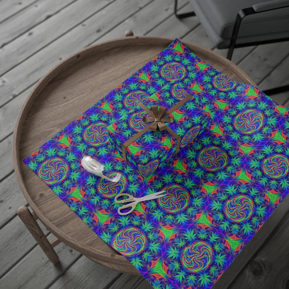Psychedelic Cannabis Leaf Pattern Wrapping Paper | Neon Swirl Gift Wrap