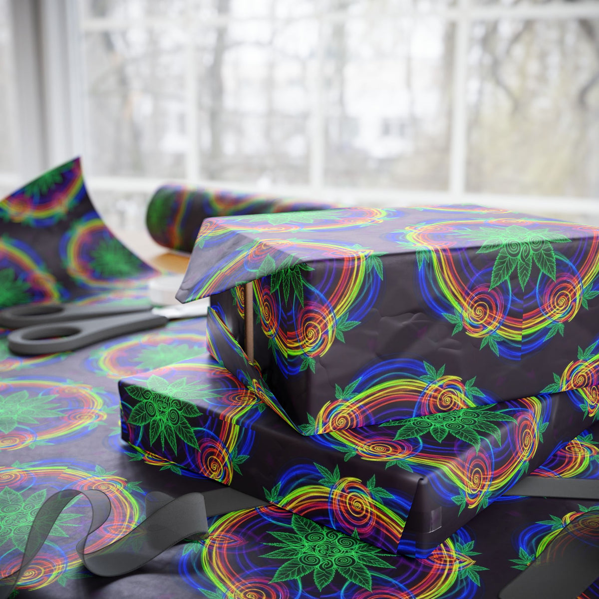 Neon Mandala Marijuana Pattern Wrapping Paper | Psychedelic Floral Gift Wrap