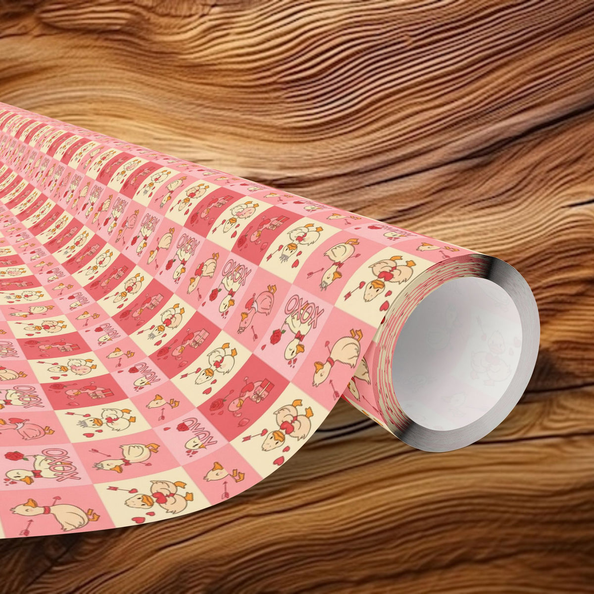Kawaii Heart duck Checkerboard Wrapping Paper | Roll