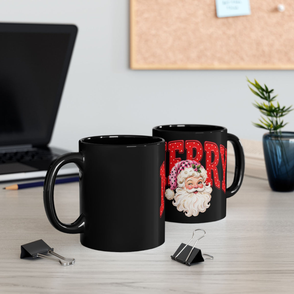Merry Santa Black Christmas Mug