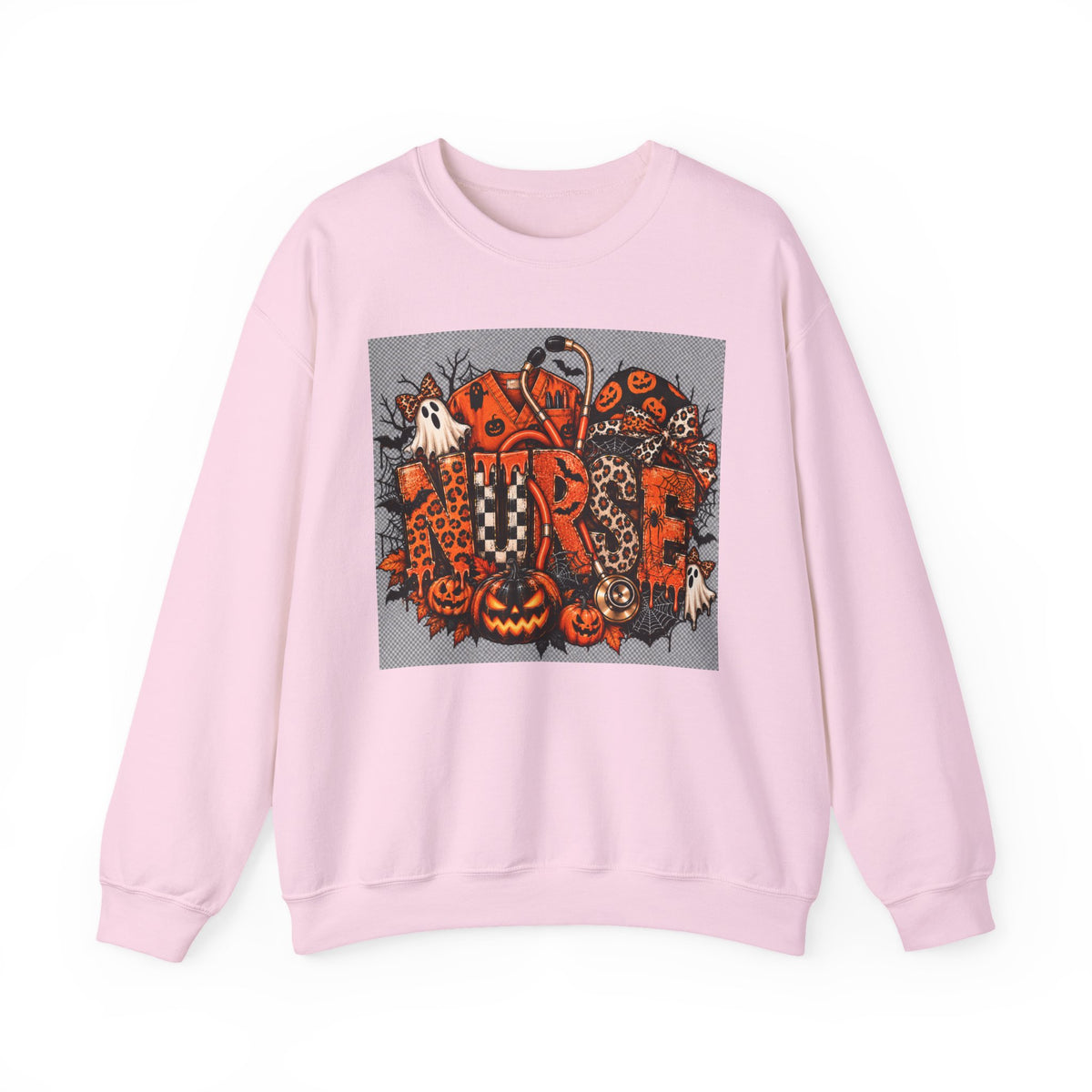 Halloween Patchwork Skull Crewneck Sweatshirt | Pumpkin Ghosts, Orange Black