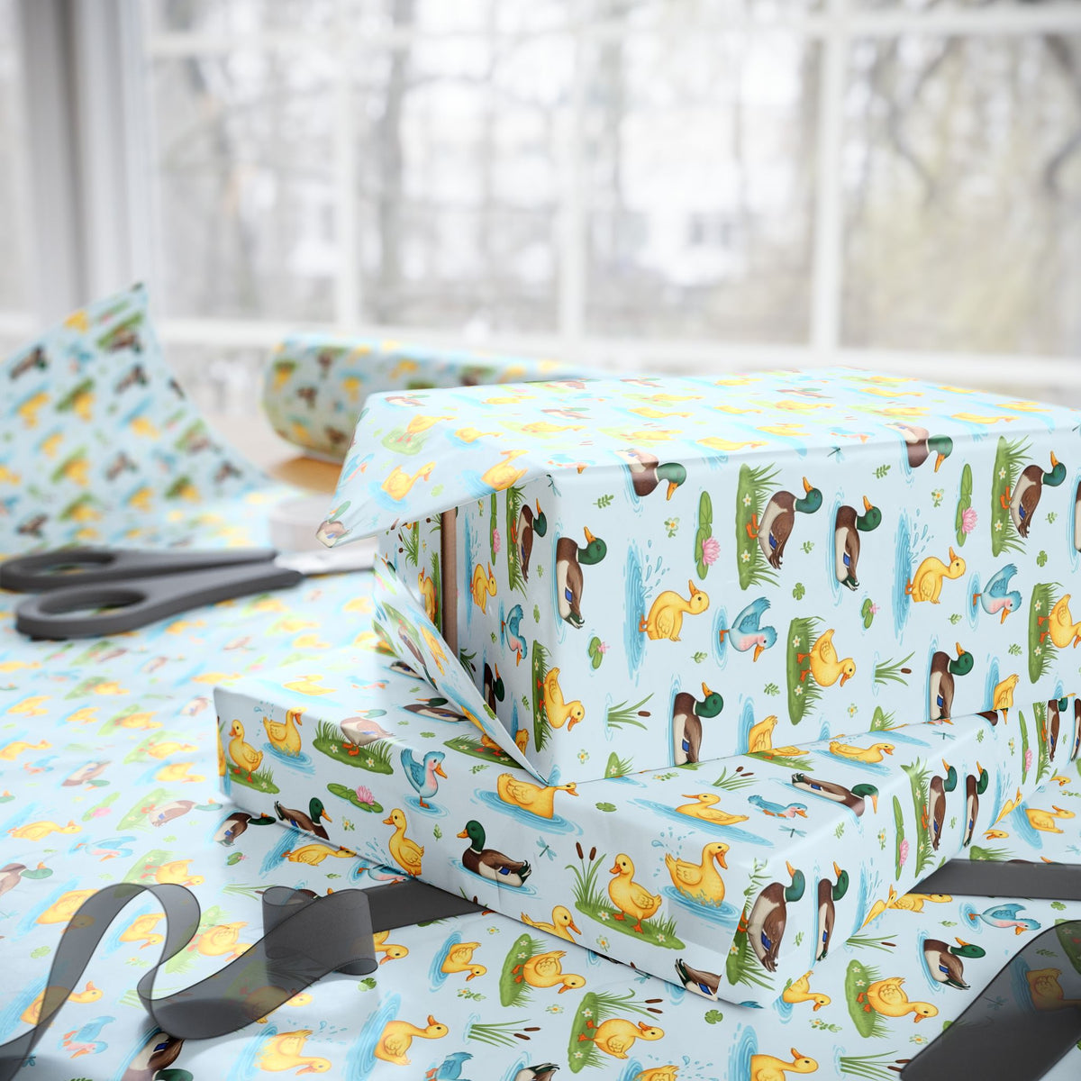 Cute Duck Pattern Wrapping Paper | Light Blue Pond Birds Seamless