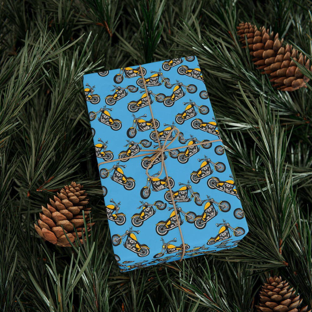 Retro Motorcycle Pattern Wrapping Paper | Blue Vintage Bikes Gift Wrap