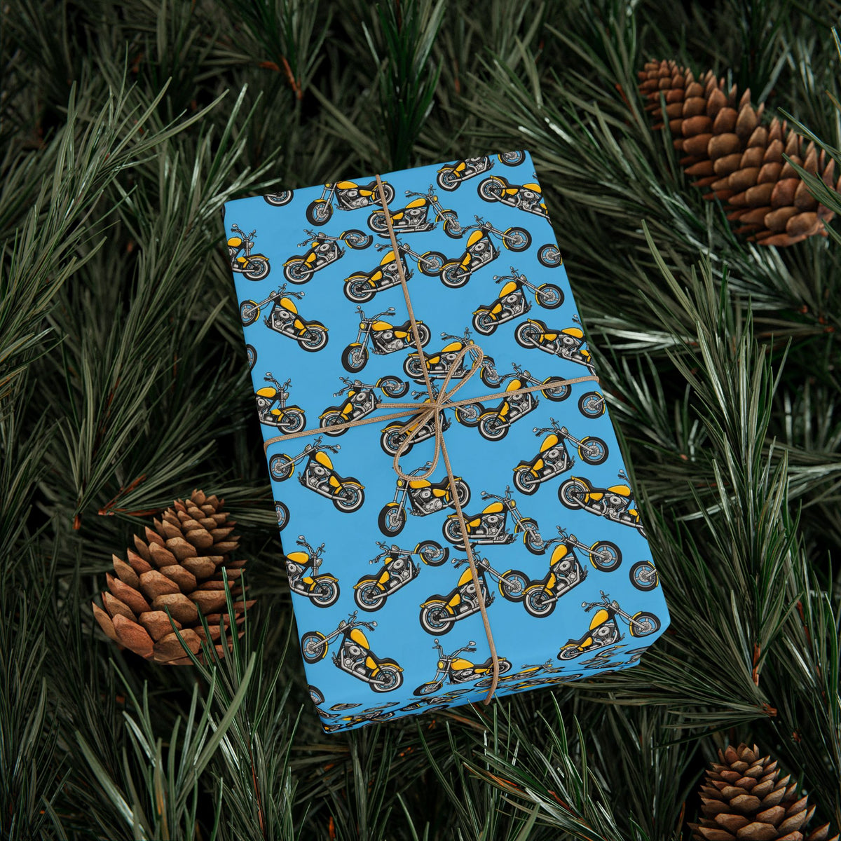 Retro Motorcycle Pattern Wrapping Paper | Blue Vintage Bikes Gift Wrap