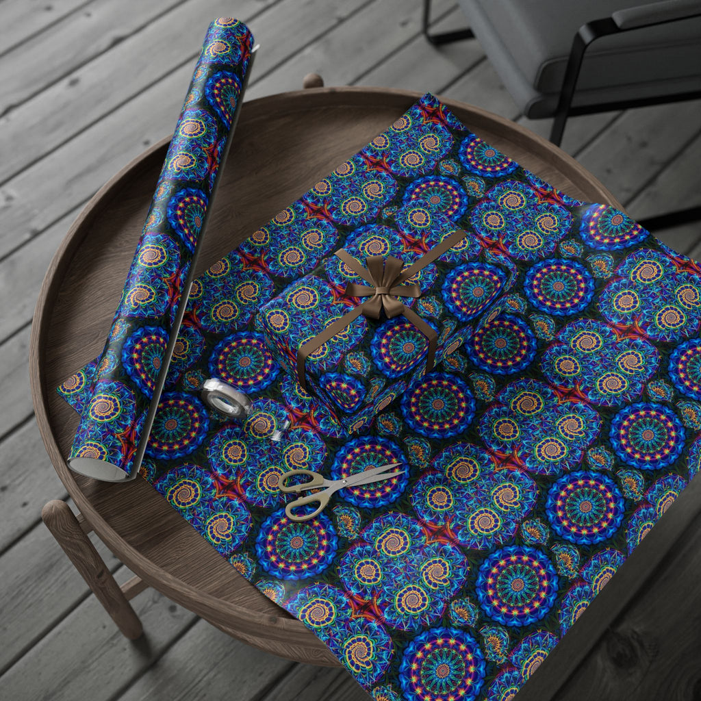 Psychedelic Kaleidoscope Cannabis Floral Wrapping Paper | Blue Mandala Pattern