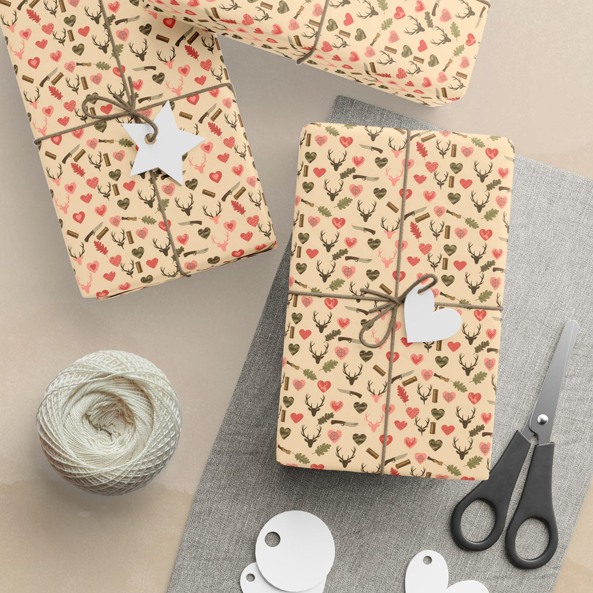Heart and Camo Pattern Wrapping Paper | Floral Neutral Kraft Roll