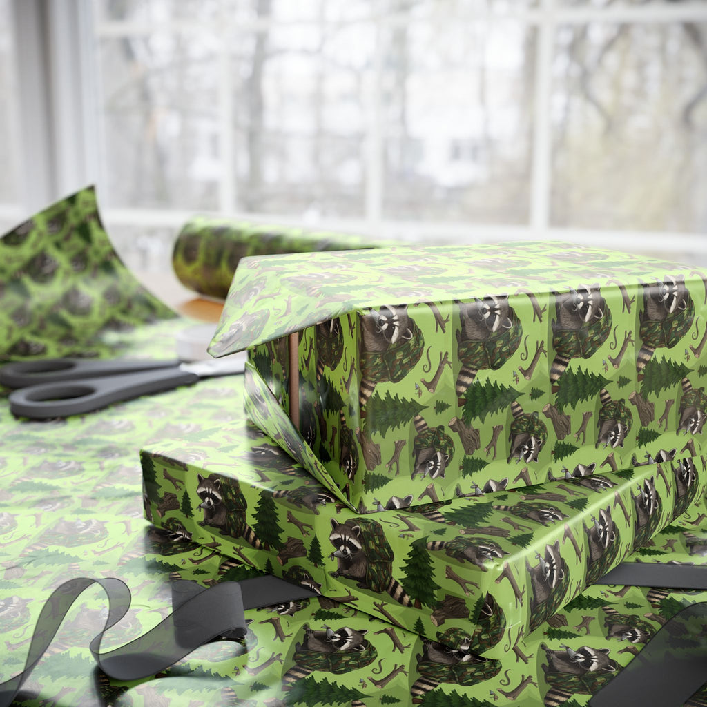 Raccoon Forest Pattern Wrapping Papers | Green Woodland Gift Wrap Roll