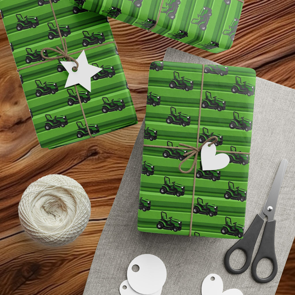 Green Lawnmower Pattern Wrapping Paper | Farm Animal Kids Party