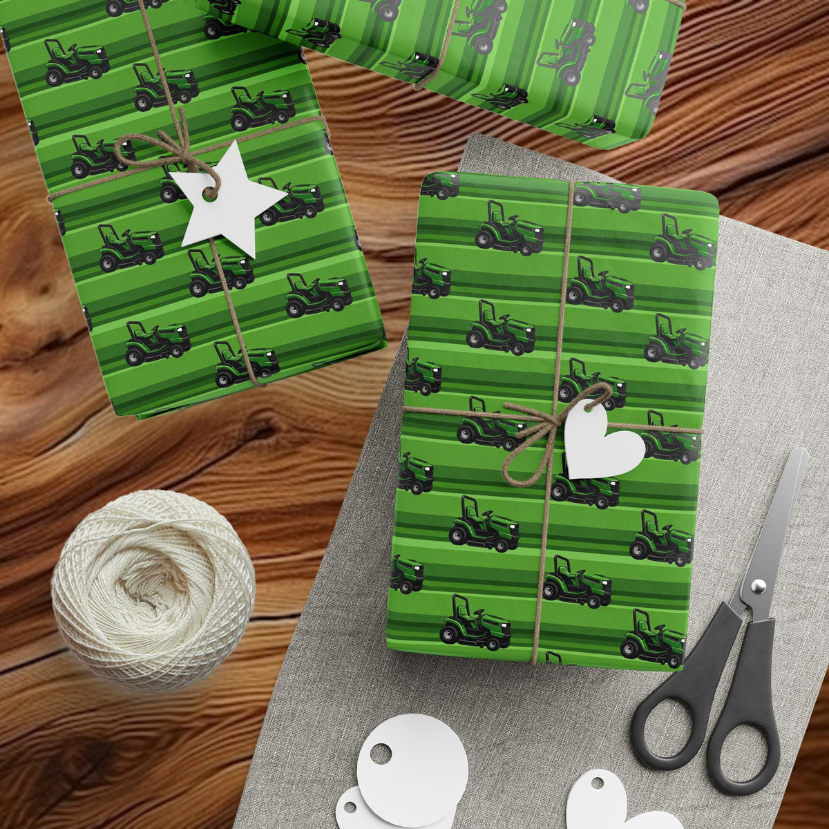 Green Lawnmower Pattern Wrapping Paper | Farm Animal Kids Party