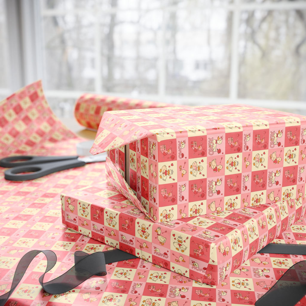 Kawaii Heart duck Checkerboard Wrapping Paper | Roll