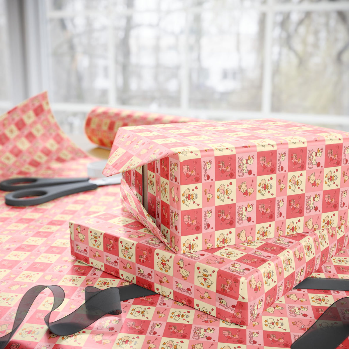 Kawaii Heart duck Checkerboard Wrapping Paper | Roll