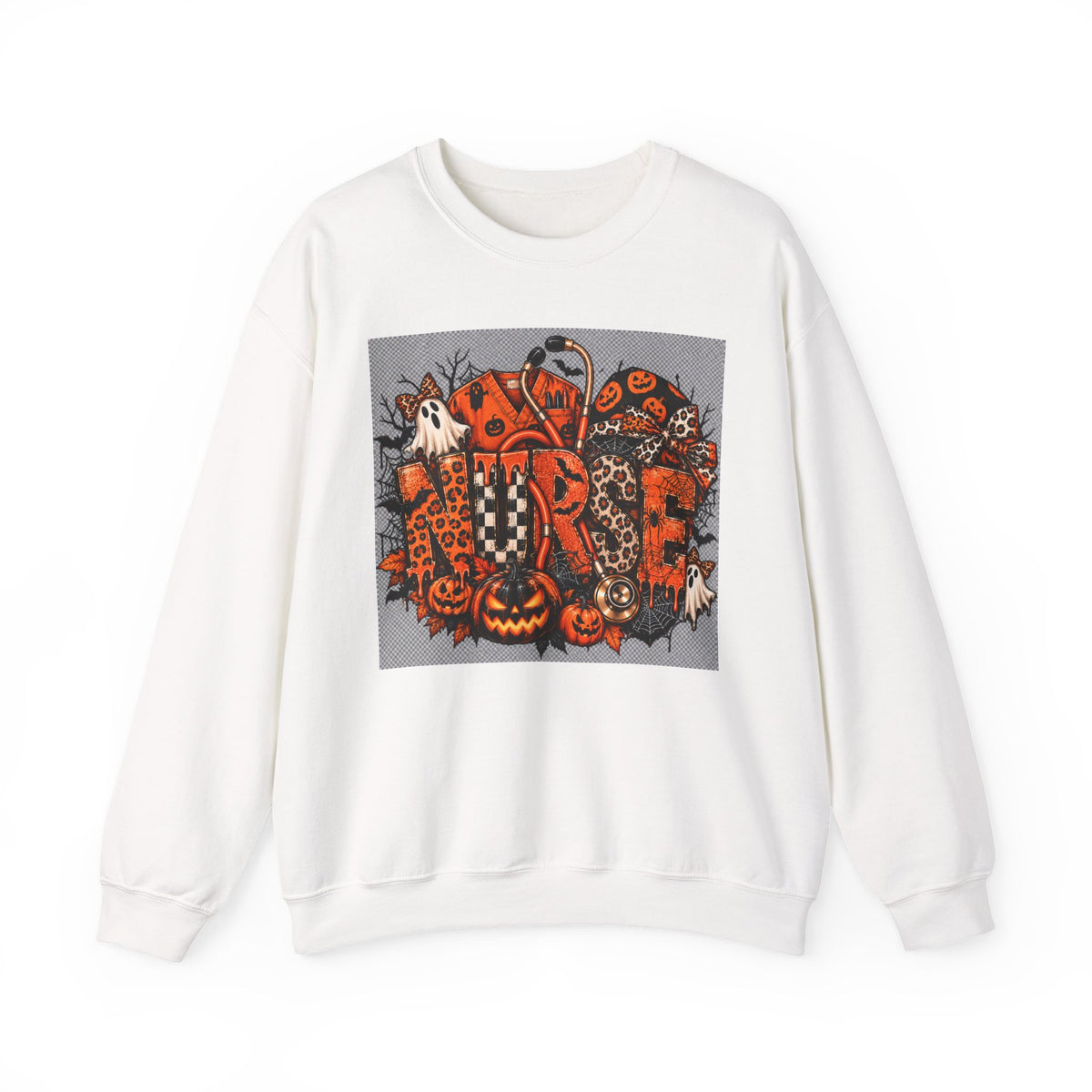 Halloween Patchwork Skull Crewneck Sweatshirt | Pumpkin Ghosts, Orange Black