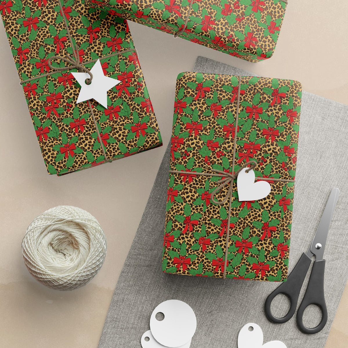 Poinsettia Leopard Print Wrapping Paper | Holiday Floral Animal Print Roll