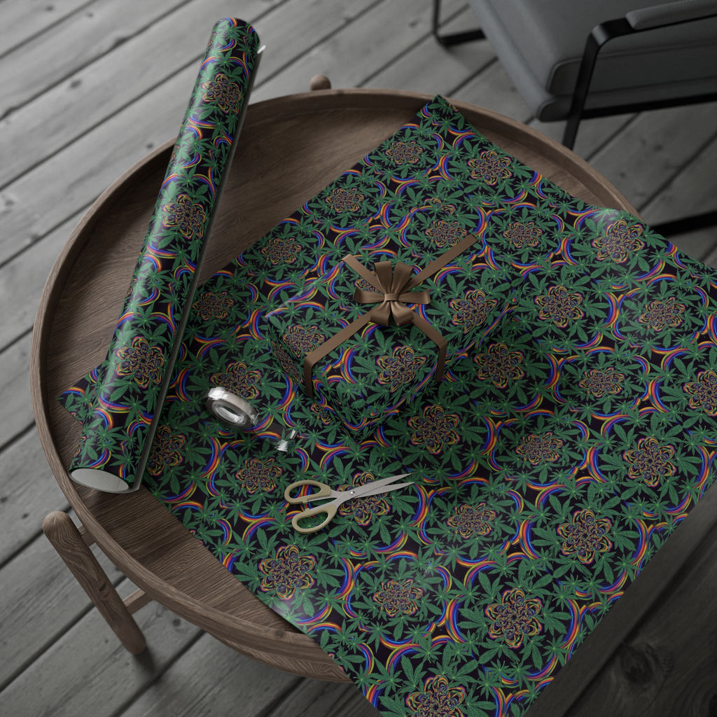 Psychedelic Cannabis Leaf Pattern Wrapping Paper | Trippy Green Floral Roll