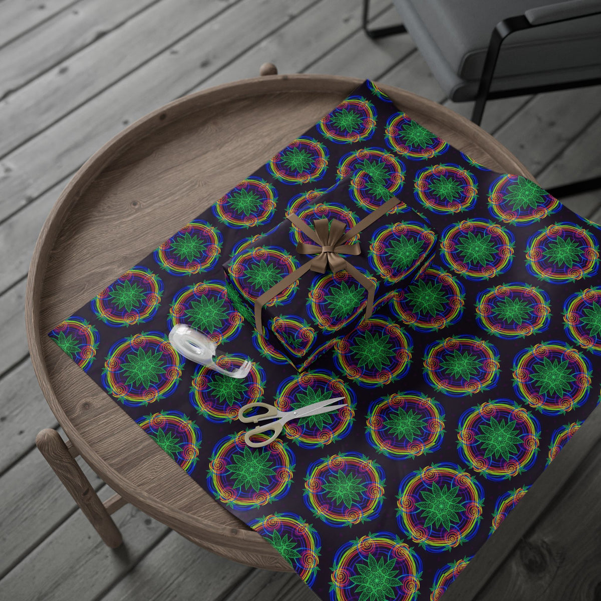 Neon Mandala Marijuana Pattern Wrapping Paper | Psychedelic Floral Gift Wrap