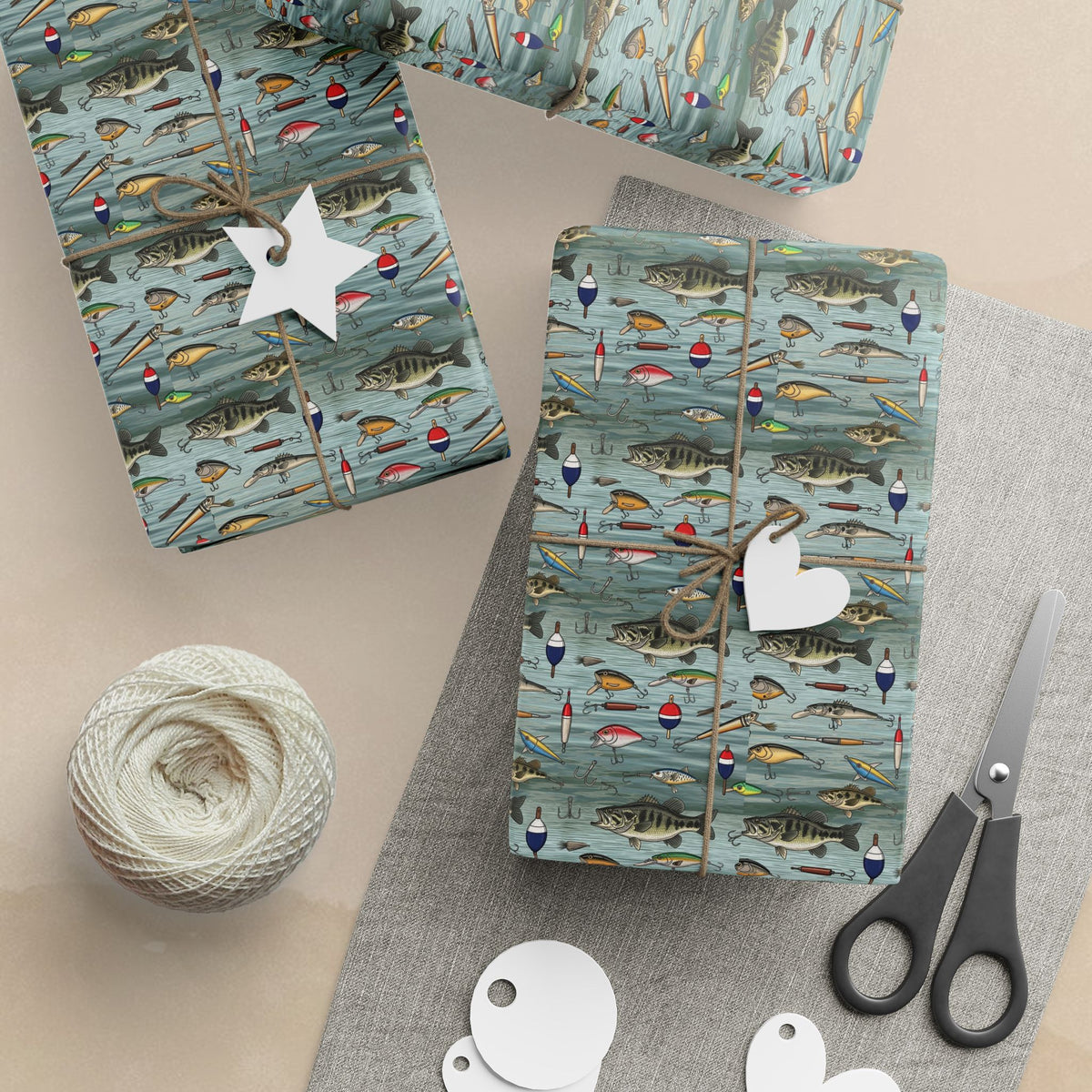Fishing Lures Pattern Wrapping Paper | Nautical Fish Hooks, Buoys, Ocean Theme