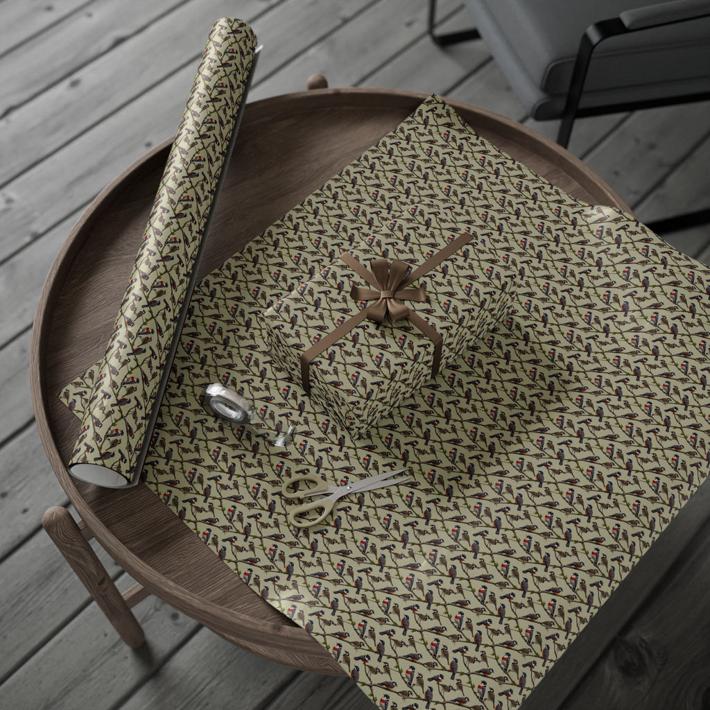 Vintage Bird Pattern Wrapping Paper | Songbirds on Branches, Neutral Tones