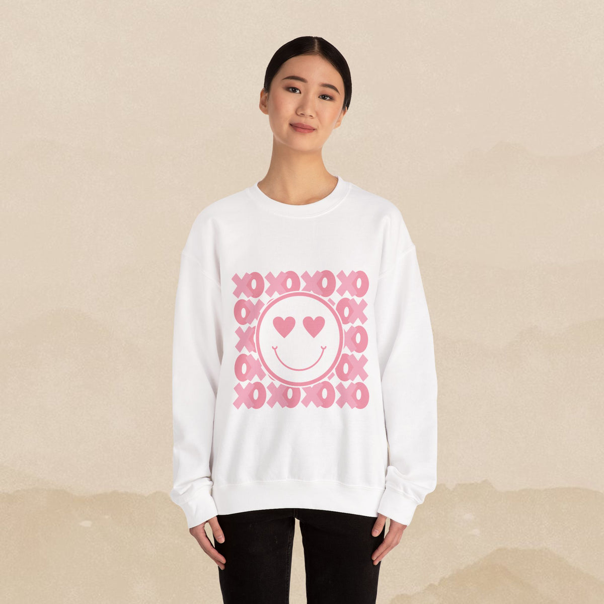 Heart Eyes Smiley Sweatshirt | Pink XO Pattern Crewneck