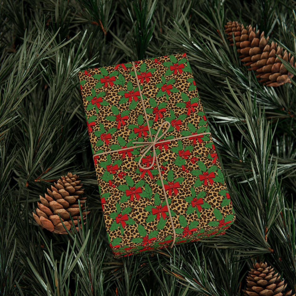 Poinsettia Leopard Print Wrapping Paper | Holiday Floral Animal Print Roll