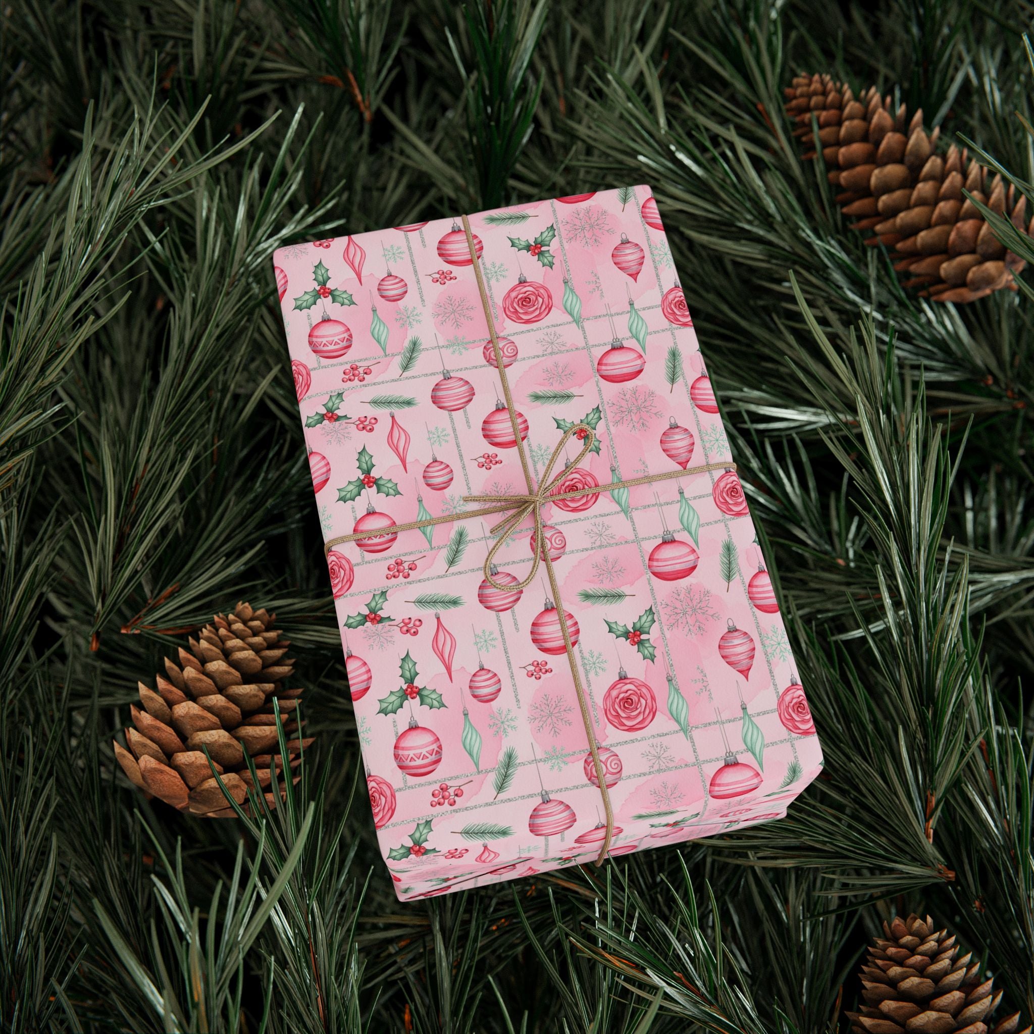 Pink Floral Ornaments Wrapping Paper | Holiday Rose Pattern