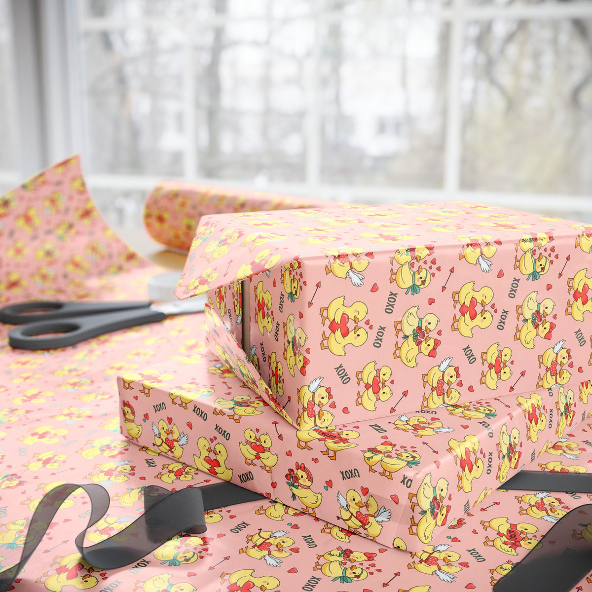 Cute Yellow Duck Pattern Wrapping Papers | Pink Floral Duck Gift Wrap