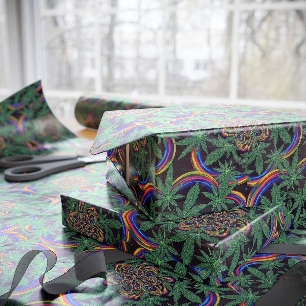 Psychedelic Cannabis Leaf Pattern Wrapping Paper | Trippy Green Floral Roll