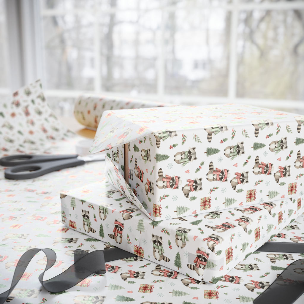 Vintage Christmas Woodland Racoon Pattern Wrapping Paper