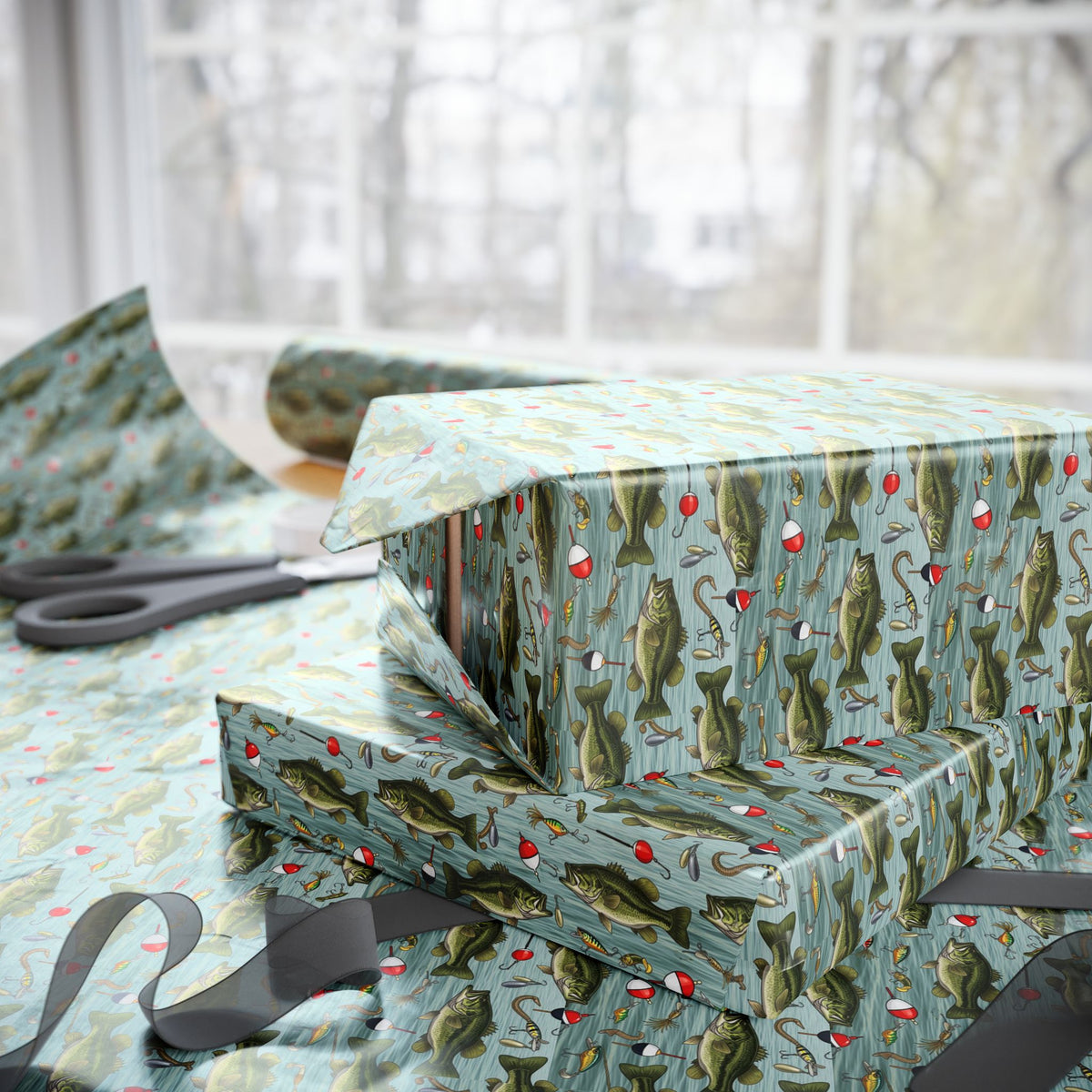 Fishing Pond Fish Pattern Wrapping Paper | Water Lily, Carp, Blue-Green Background